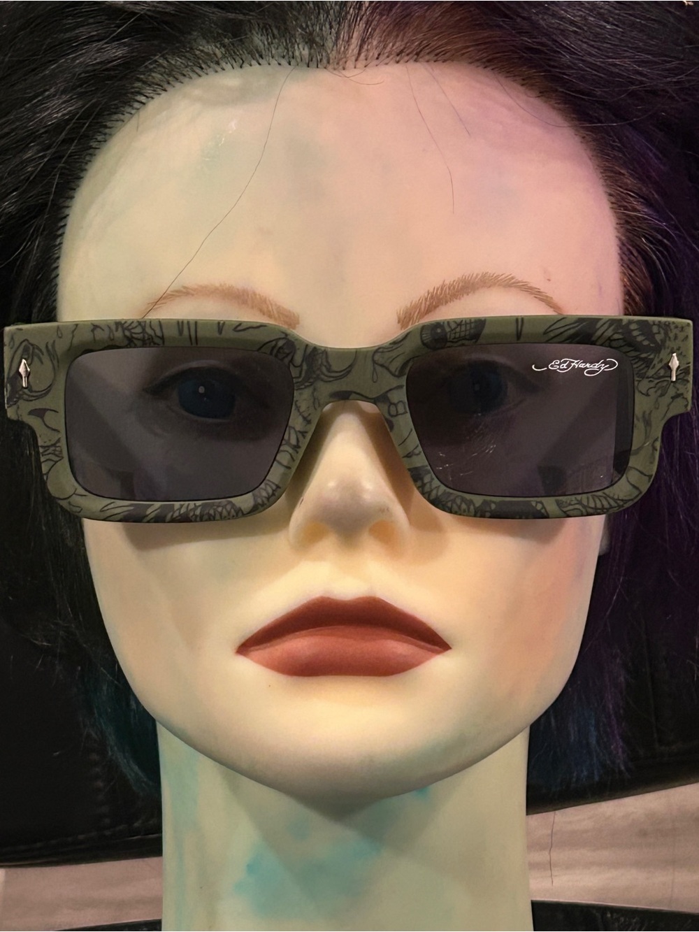 Ed Hardy Olive Graphic Rectangular Sunglasses with Dark Lenses